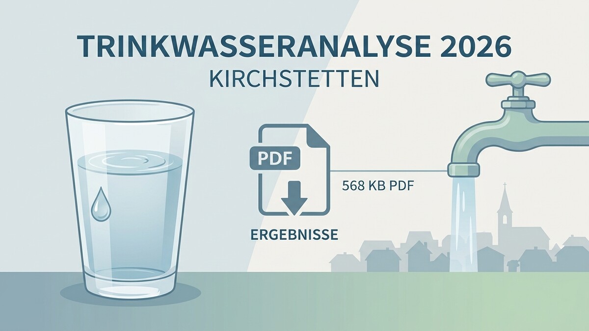 Trinkwasseranalyse Kirchstetten 2026: Glas Wasser, PDF-Symbol mit "Ergebnisse" und Wasserhahn