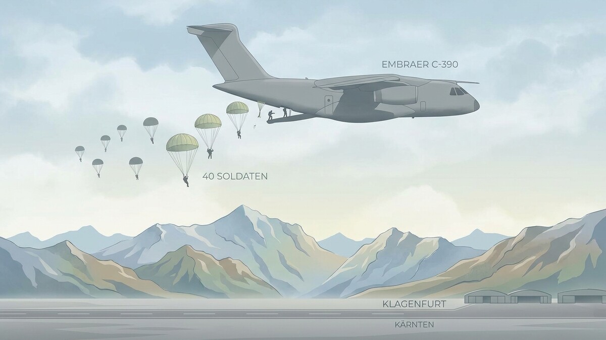 Fallschirmspringer aus Embraer C-390 über Klagenfurt, Kärnten