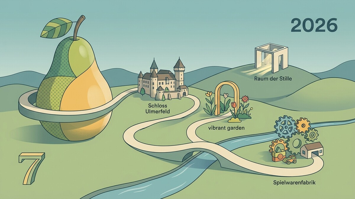 Illustration zeigt Schloss Ulmerfeld, Spielwarenfabrik und Raum der Stille