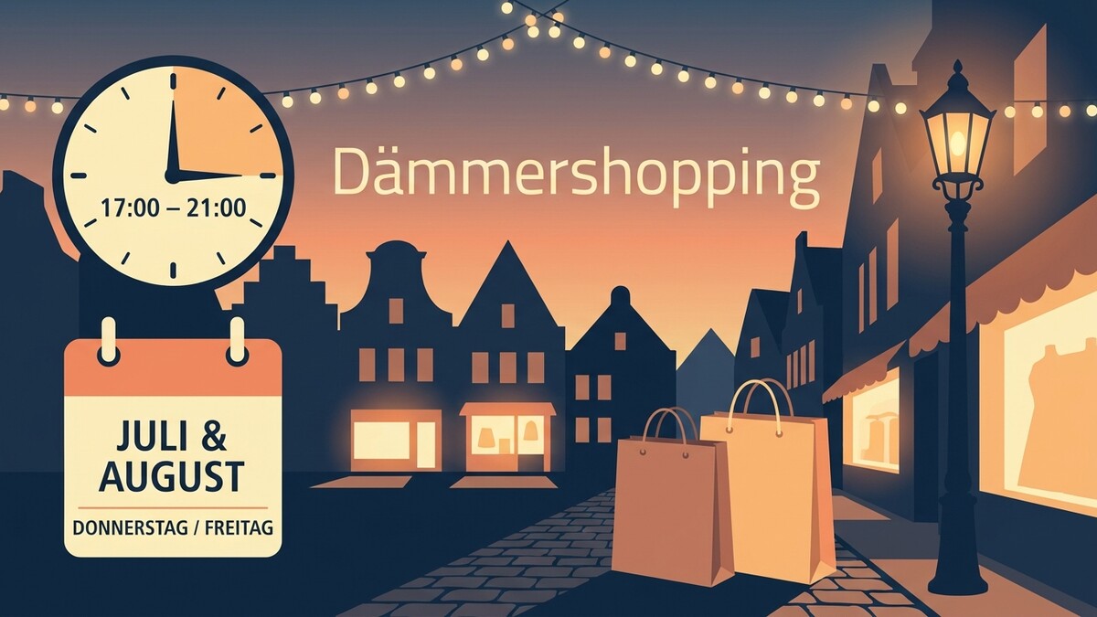 Dämmershopping Juli & August: Donnerstag/Freitag, 17-21 Uhr, mit Einkaufstaschen vor Geschäften