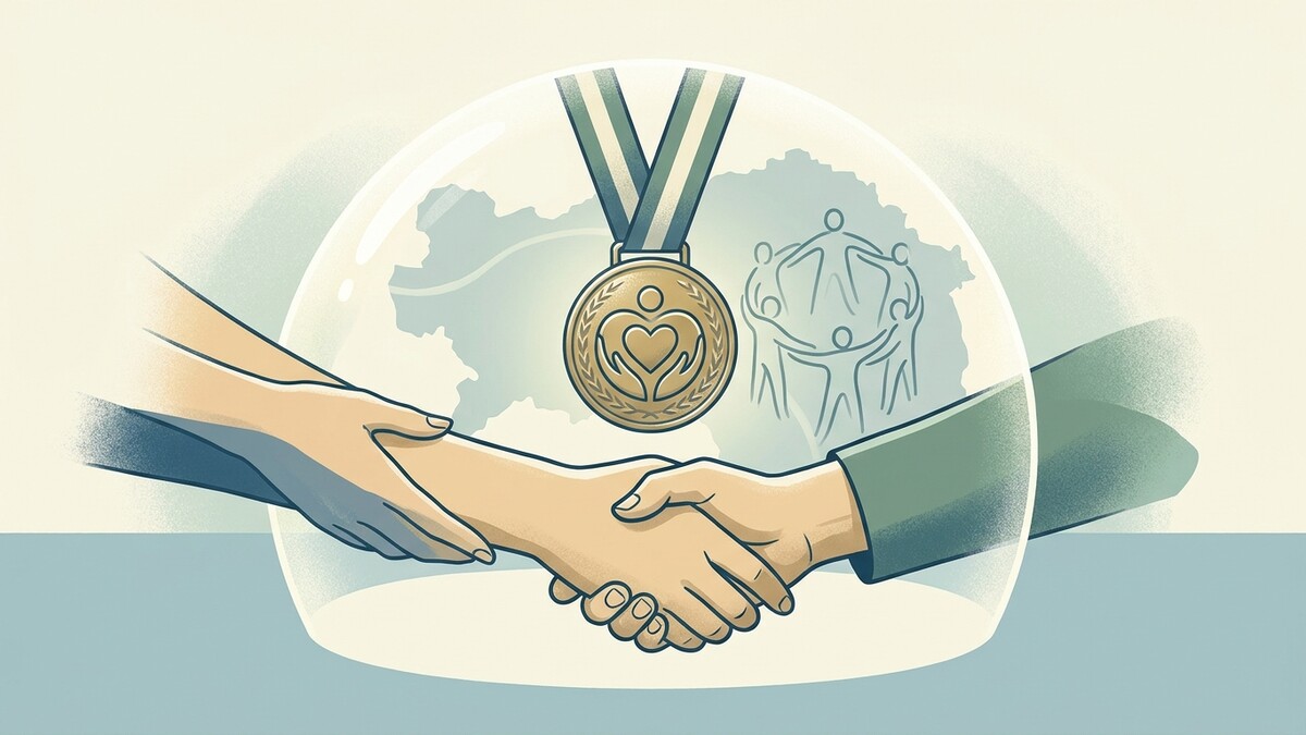Medaille mit Herz und Händen und Händeschütteln unter einer Glocke