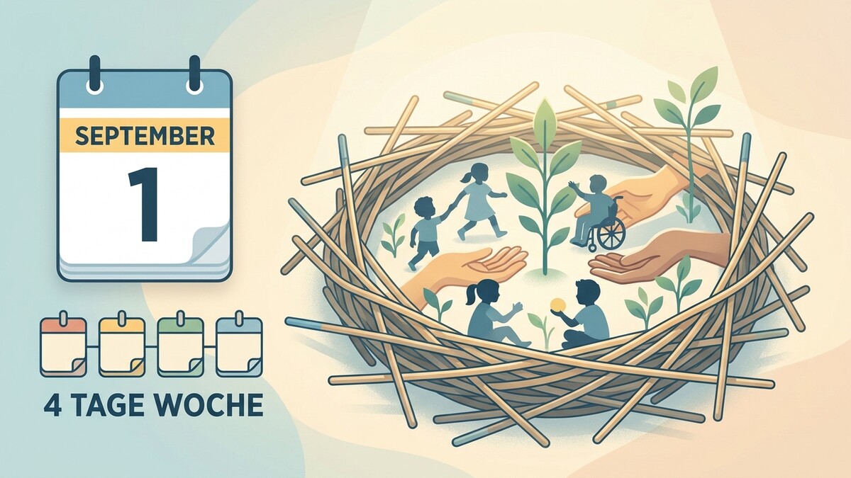 4-Tage-Woche: Kalenderblatt September 1 und Kinder im Nest mit Händen