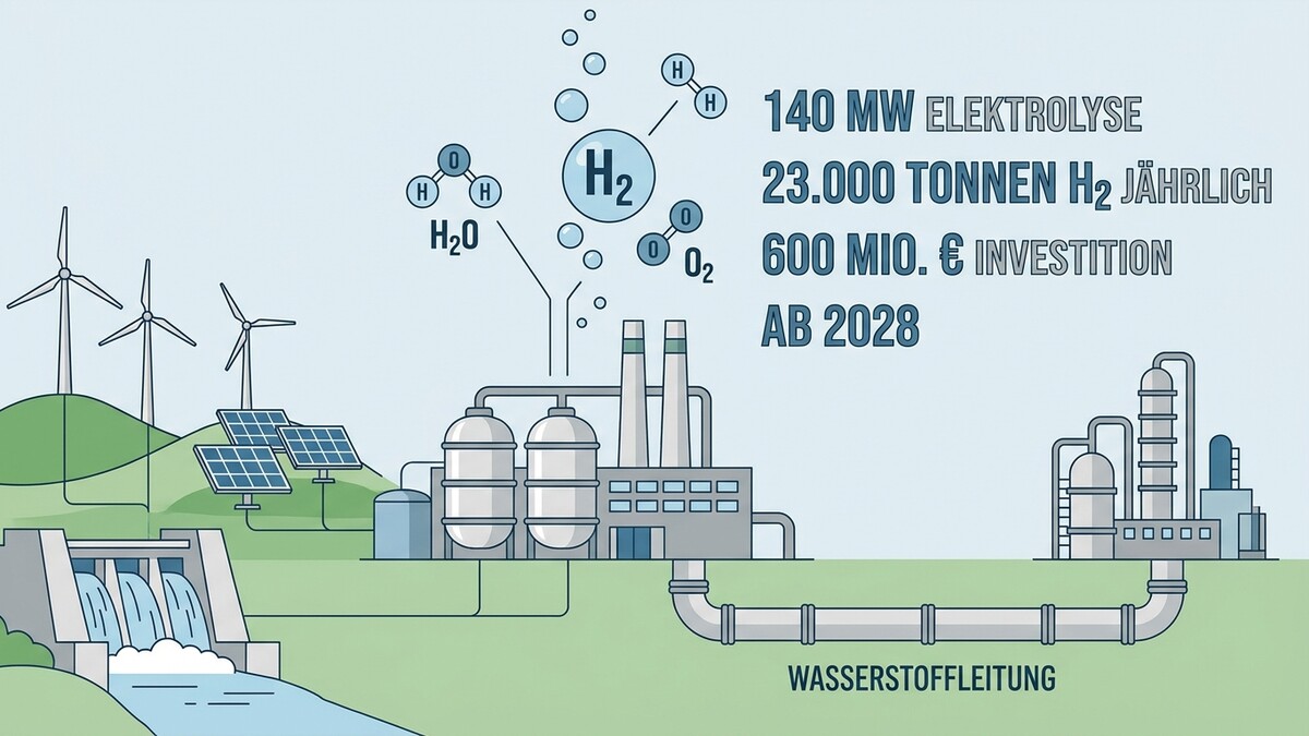 Wasserstofferzeugung: 140 MW Elektrolyse, 23.000 Tonnen H₂ jährlich, 600 Mio. € Investition ab 2028