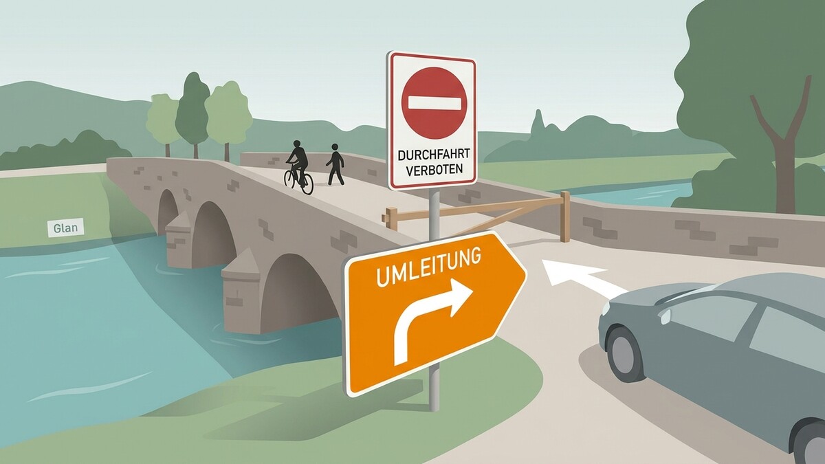 Umleitungsschilder und Durchfahrt verboten Schild an einer Steinbrücke über den Glan
