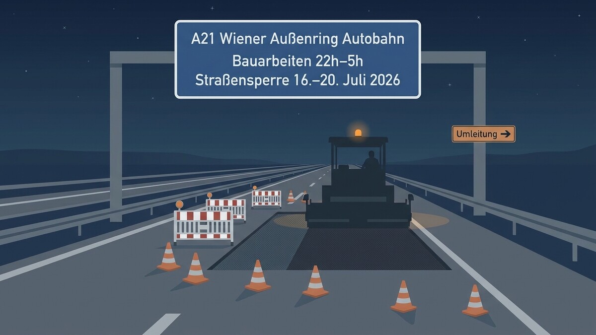 A21 Wiener Außenring Autobahn: Bauarbeiten mit Straßenabsperrung und Umleitungsschild