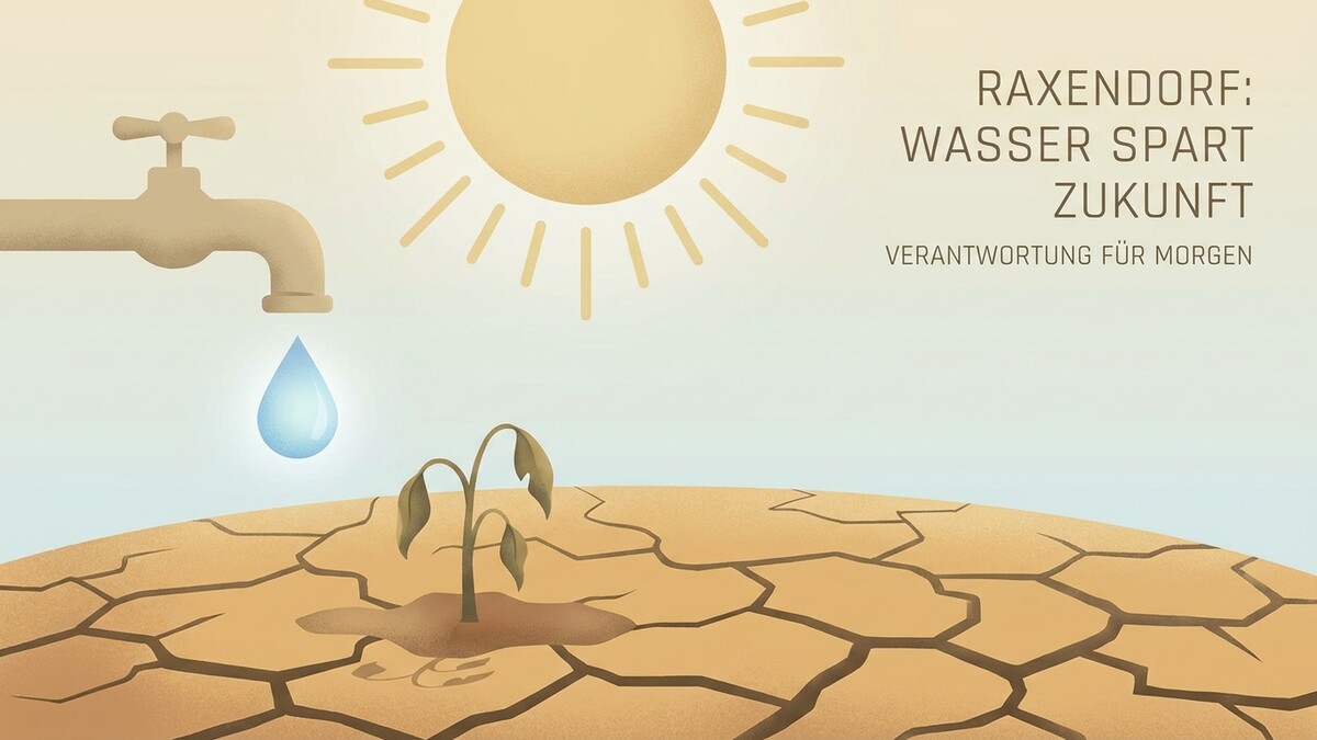 Raxendorf: Wasser spart Zukunft. Ein Wasserhahn tropft auf trockene Erde mit verdorrter Pflanze.