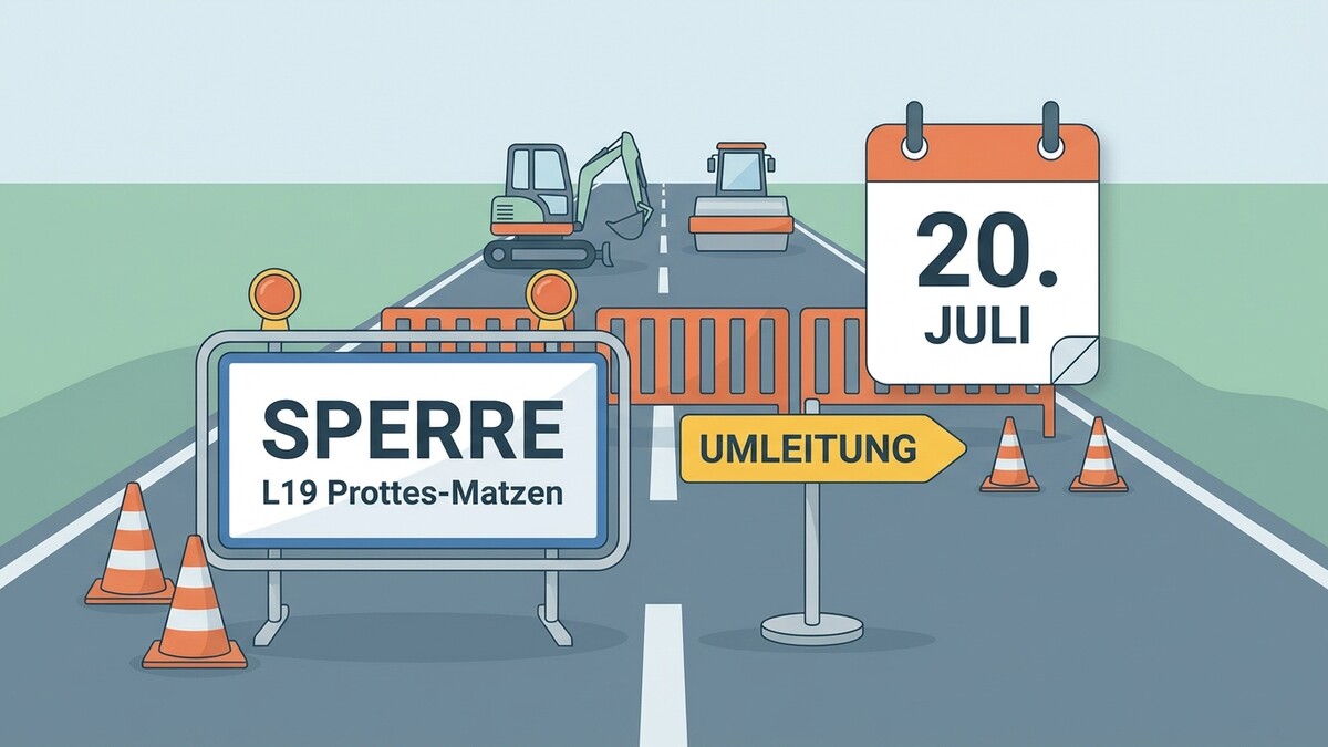 Straßensperre L19 Prottes-Matzen mit Umleitung und Kalenderblatt 20. Juli