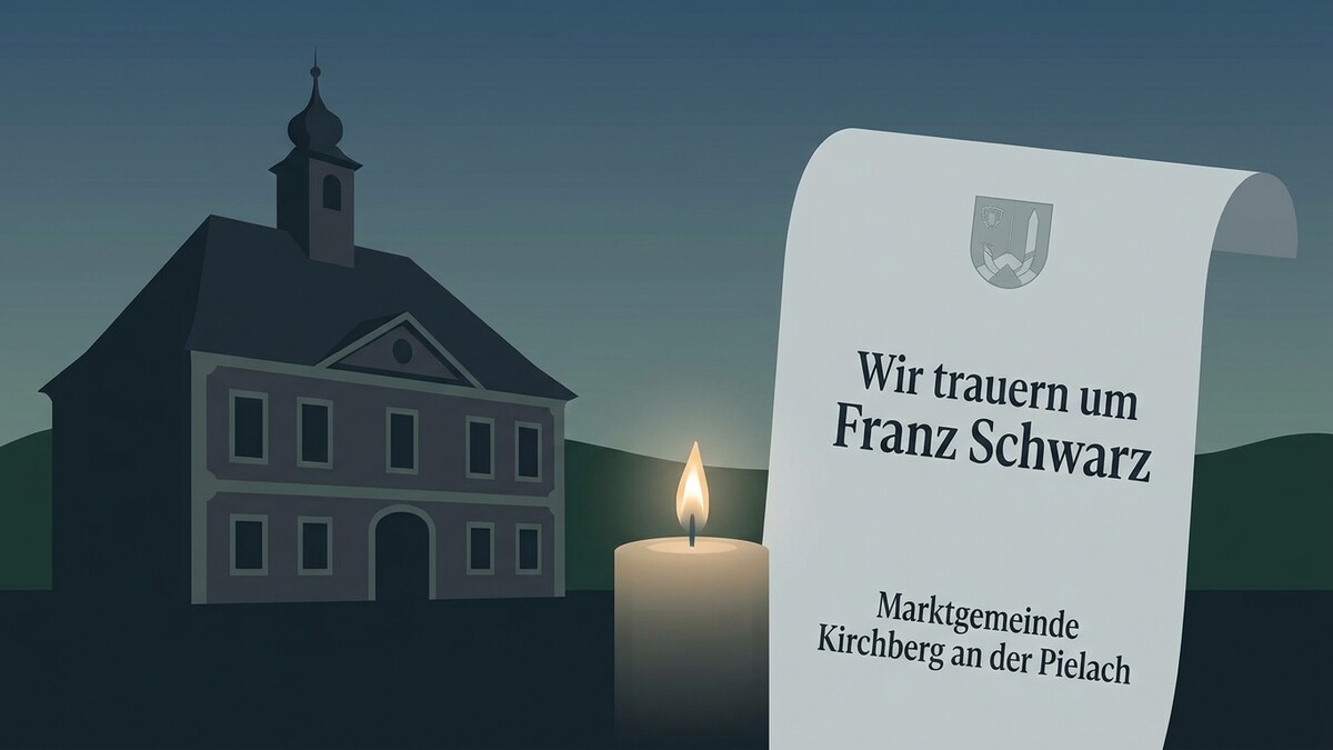 Trauer um Franz Schwarz, Marktgemeinde Kirchberg an der Pielach, mit Kerze und Gebäude
