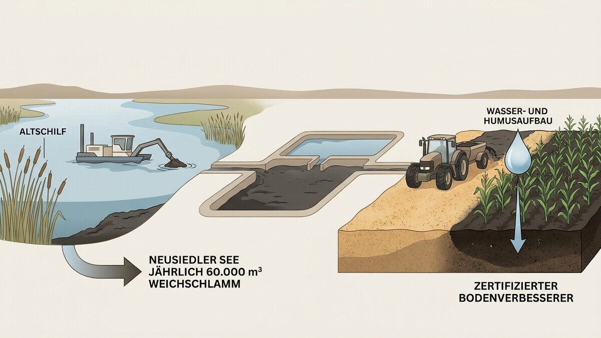 Neusiedler See Schlamm wird per Bagger und Traktor zu Bodenverbesserer verarbeitet.
