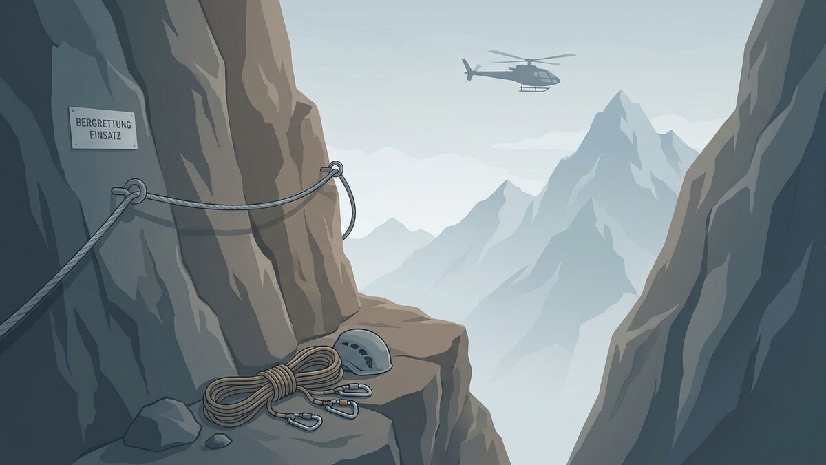 Bergrettung Einsatz: Seil, Helm und Karabiner liegen am Felsvorsprung, ein Helikopter fliegt.