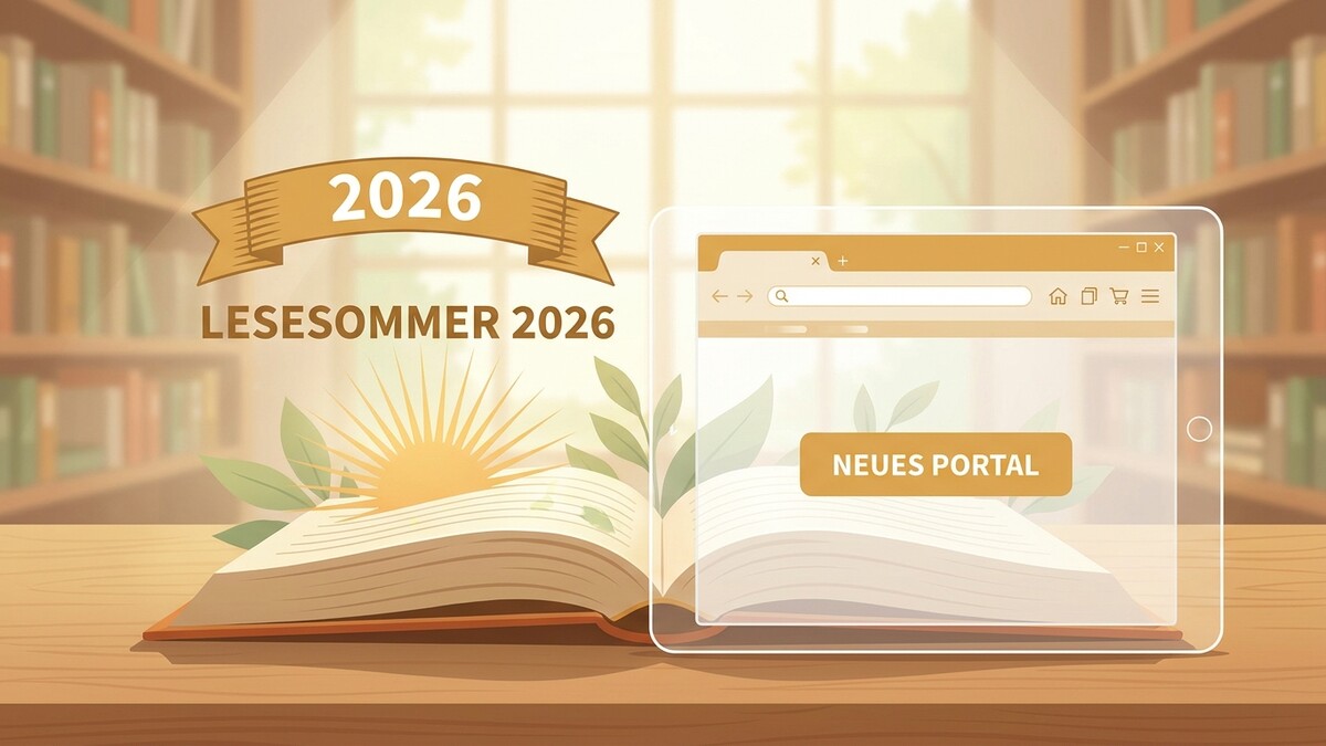 Lesesommer 2026 neues Portal auf Tablet vor offenem Buch und Bücherregal