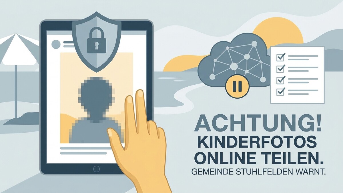 Kinderfotos online teilen: Tablet mit geschwärztem Profilbild, Hand, Wolke mit Checkliste, Gemeinde Stuhlfelden warnt.