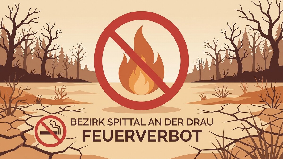 Feuerverbot Bezirk Spittal an der Drau, Verbotsschild mit Flamme, trockene Landschaft