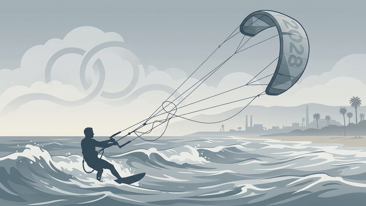 Kitesurfer mit dem Jahr 2028 auf dem Kite vor einer Küstenstadt mit Industrieanlagen