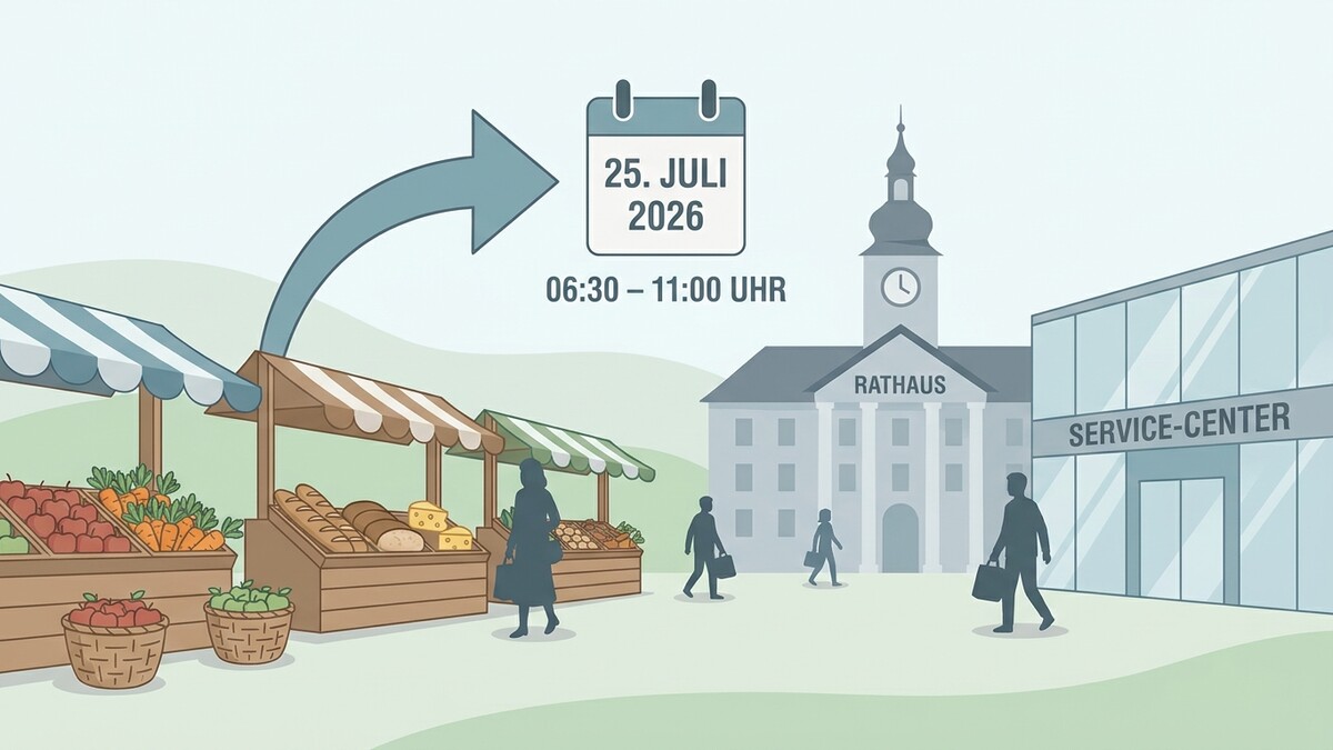 Marktstände mit Obst und Brot vor Rathaus und Service-Center am 25. Juli 2026