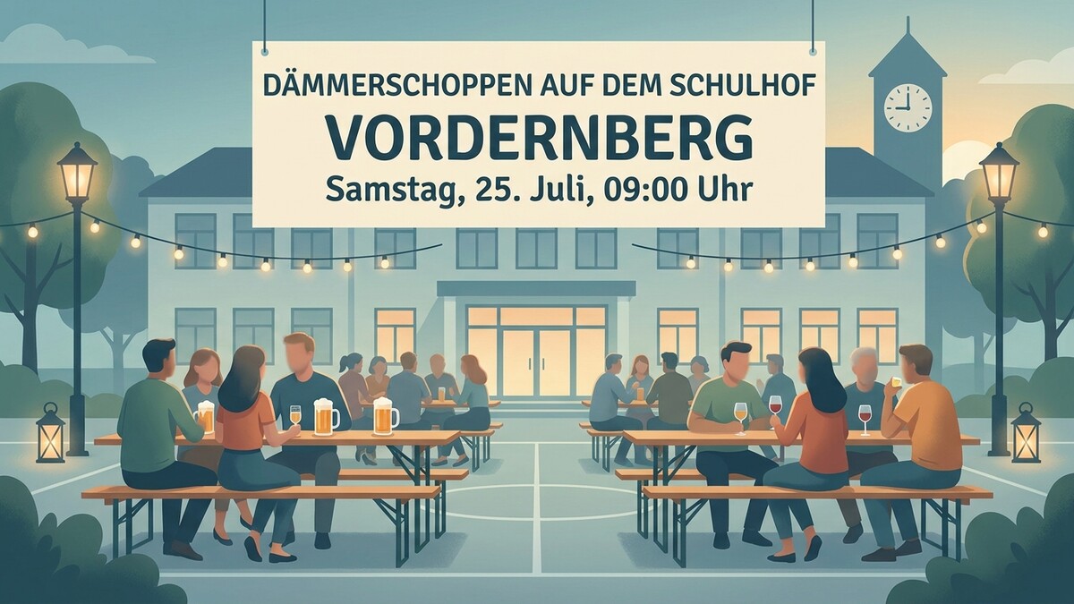 Dämmerschoppen Vordernberg am Schulhof mit Gästen an Biergarnituren