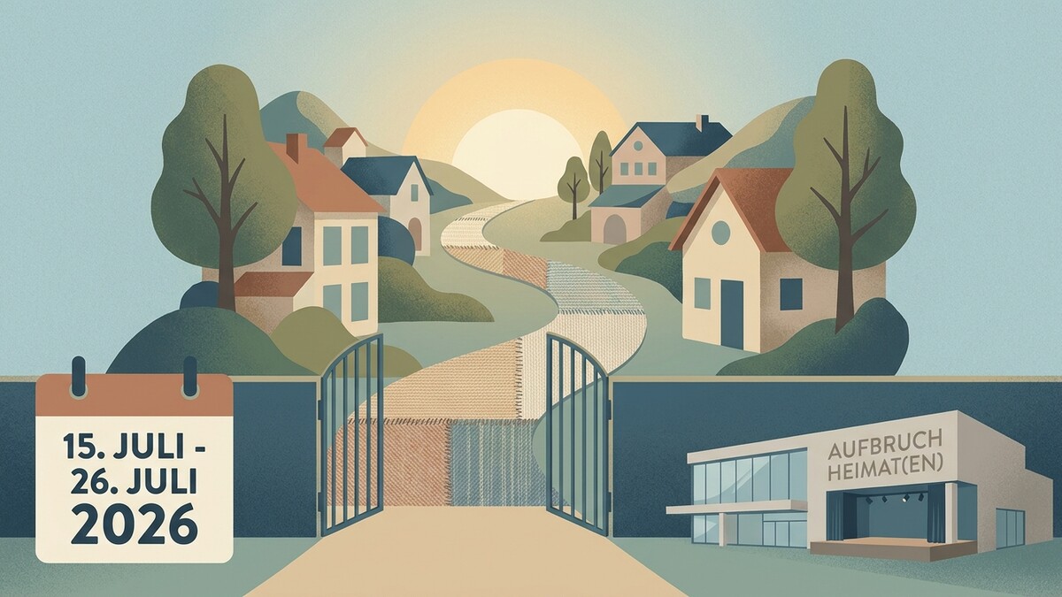 Aufbruch Heimat: 15. Juli - 26. Juli 2026, illustrierte Häuserlandschaft mit Tor