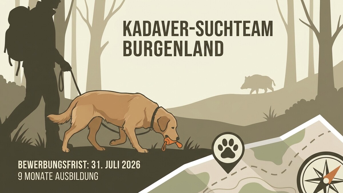 Kadaver-Suchteam Burgenland: Mann mit Hund im Wald, Wildschwein, Karte