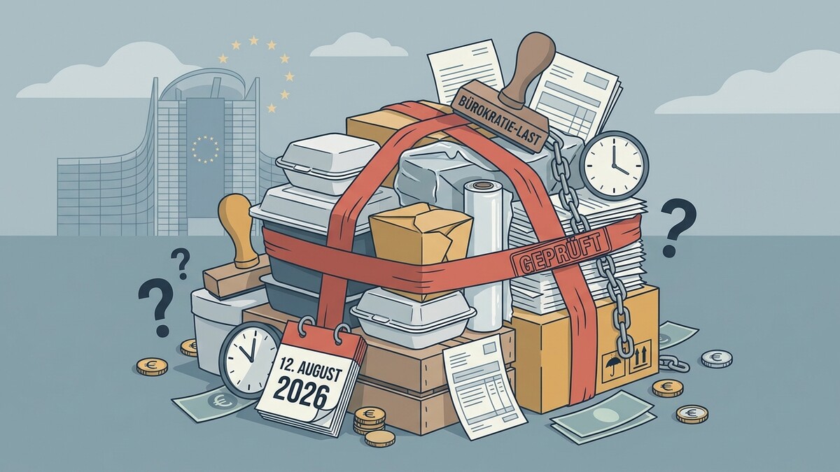 Bürokratielast in Brüssel mit Stempel, Kalender und Fragezeichen