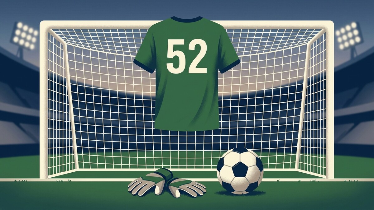 Fußballtor mit Trikot Nummer 52, Torwarthandschuhen und Ball auf dem Rasen