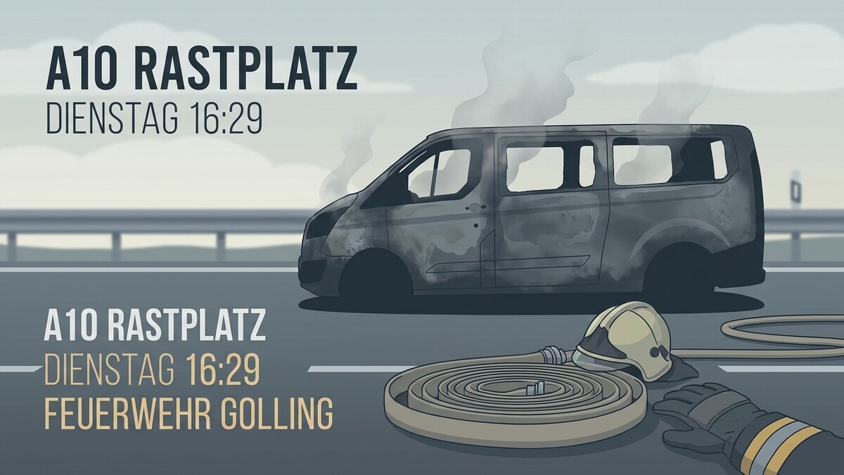 A10 Rastplatz: Ausgebrannter Van, Feuerwehrausrüstung, Dienstag 16:29