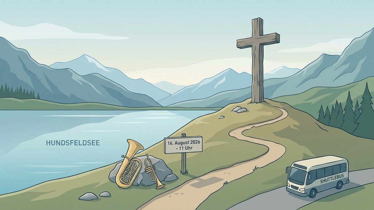 Kreuz am Hundsfeldsee mit Beschilderung, Instrumenten und Shuttlebus