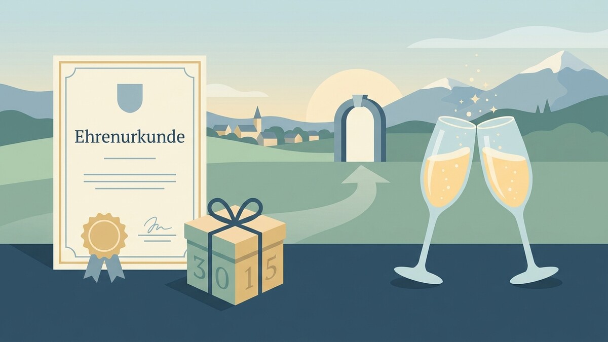 Ehrenurkunde und Geschenkschachtel mit Sektgläsern vor Berglandschaft