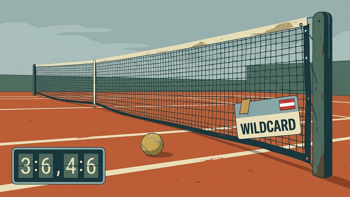 Tennisplatz mit Ball, Anzeigetafel und Wildcard-Schild mit österreichischer Flagge