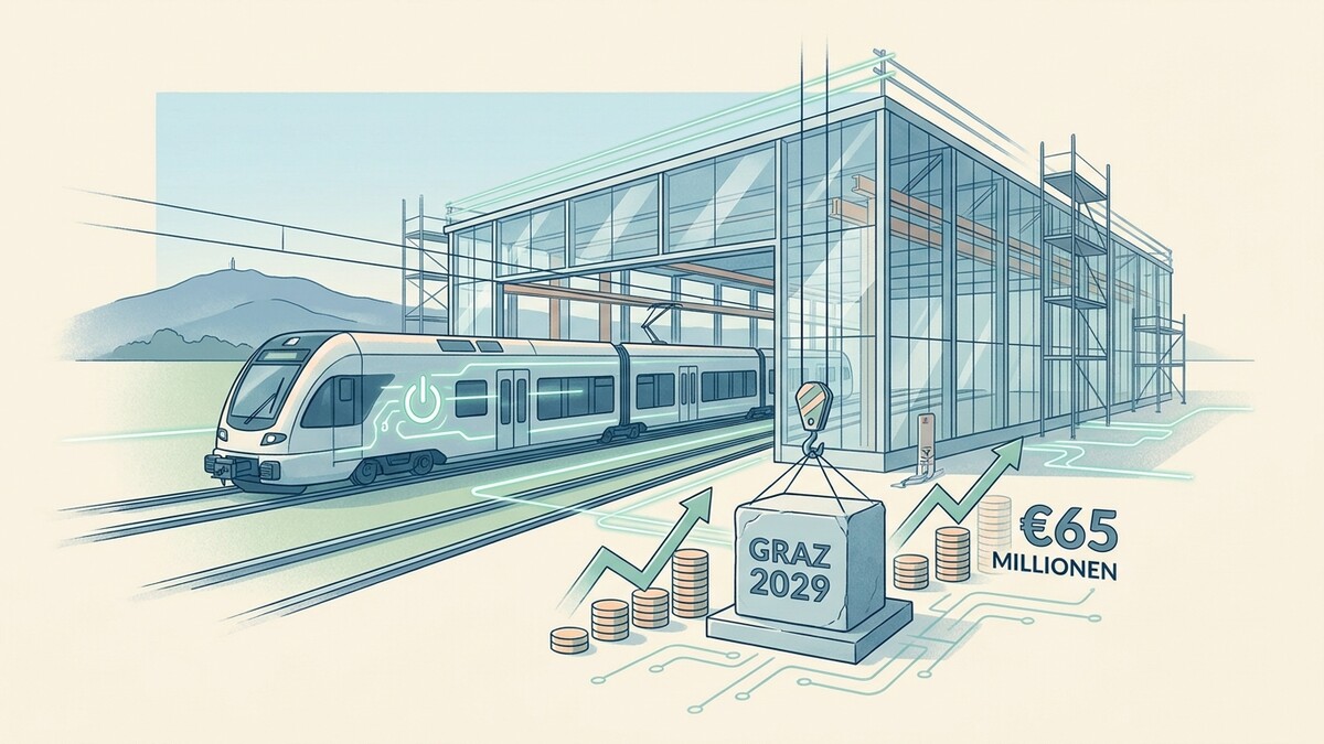 Graz 2029: Zug vor Baustelle, symbolisch für 65 Millionen Euro Investition