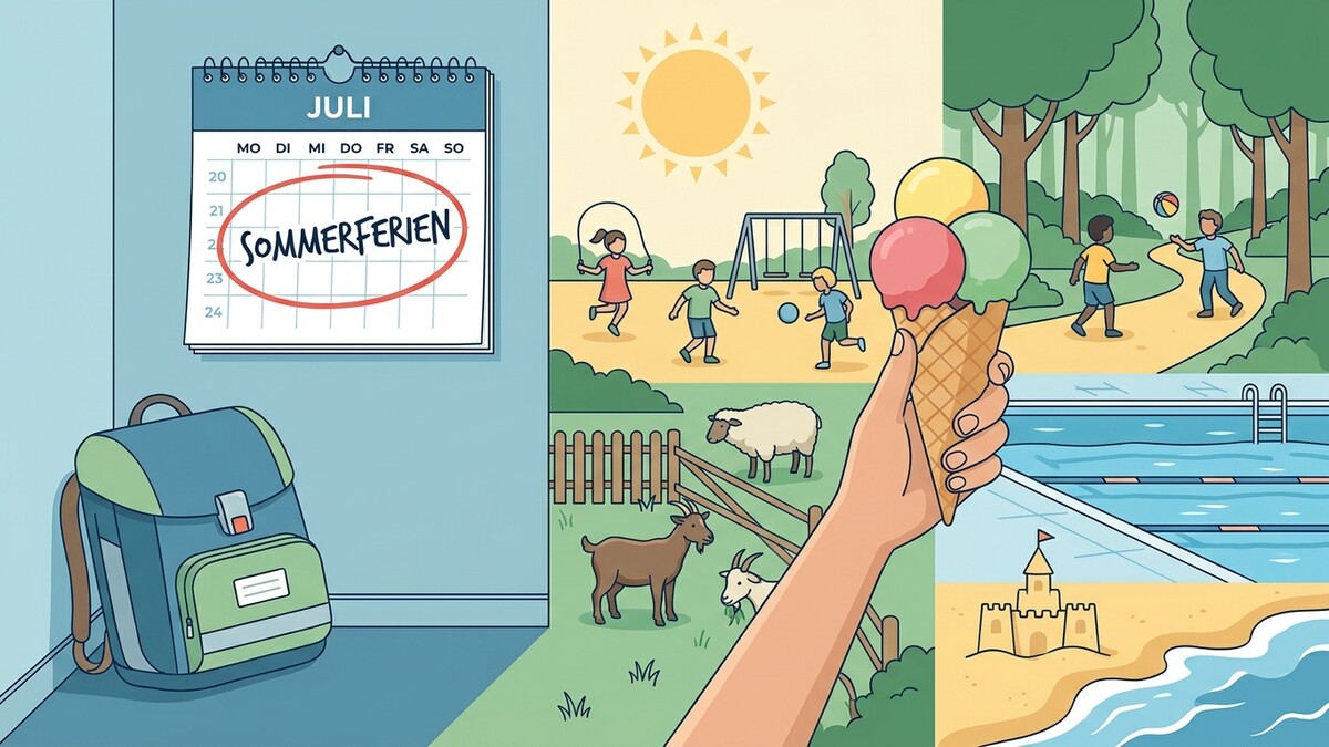 Sommerferien-Kalender mit Eis und Kindern beim Spielen am Spielplatz und im Wald
