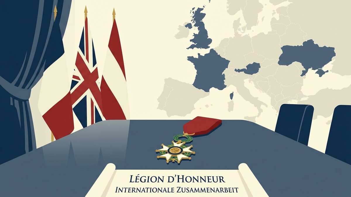 Légion d'Honneur auf Tisch mit Europa-Karte und Fahnen von UK und Frankreich