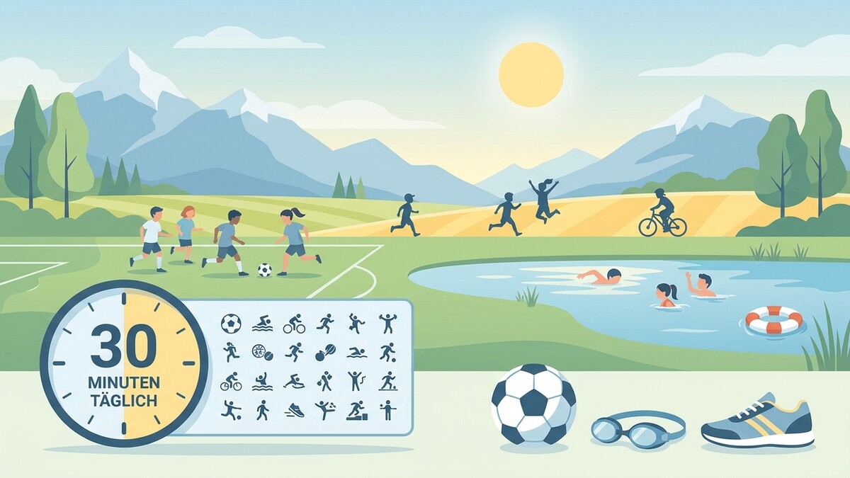 Kinder spielen Fußball, schwimmen und Rad fahren vor Bergkulisse mit 30-Minuten-Symbolen.