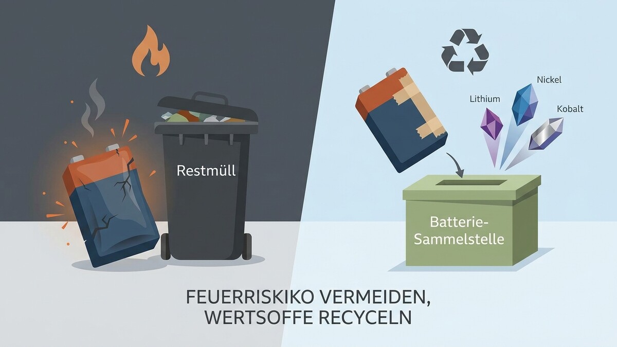 Batterie im Restmüll mit Feuergefahr und Batterie-Sammelstelle mit Lithium, Nickel, Kobalt