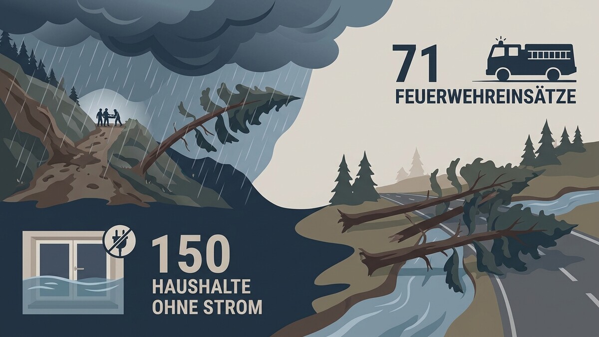 Sturm: Umgestürzte Bäume blockieren Straße, 71 Feuerwehreinsätze, 150 Haushalte ohne Strom