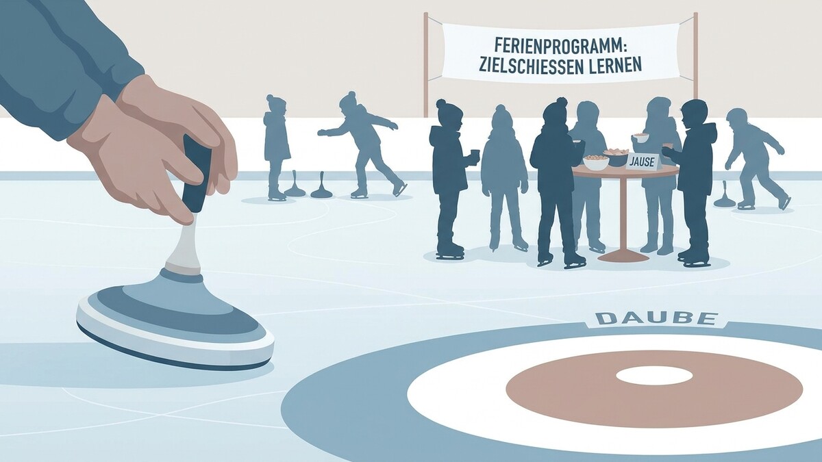 Eisstockschießen-Ferienprogramm: Kinder lernen Zielschießen auf Eis mit Jausepause.