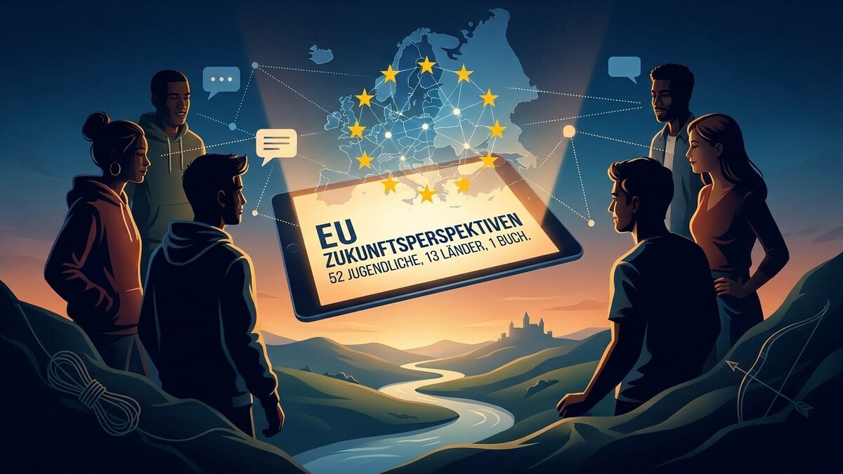 EU Zukunftsperspektiven: Jugendliche blicken auf Europa und eine Tablet-Anzeige