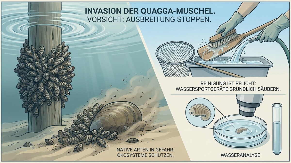 Quaggamuscheln auf Holzpfahl und Sand, Wassersportgerätereinigung, Wasseranalyse unter Mikroskop