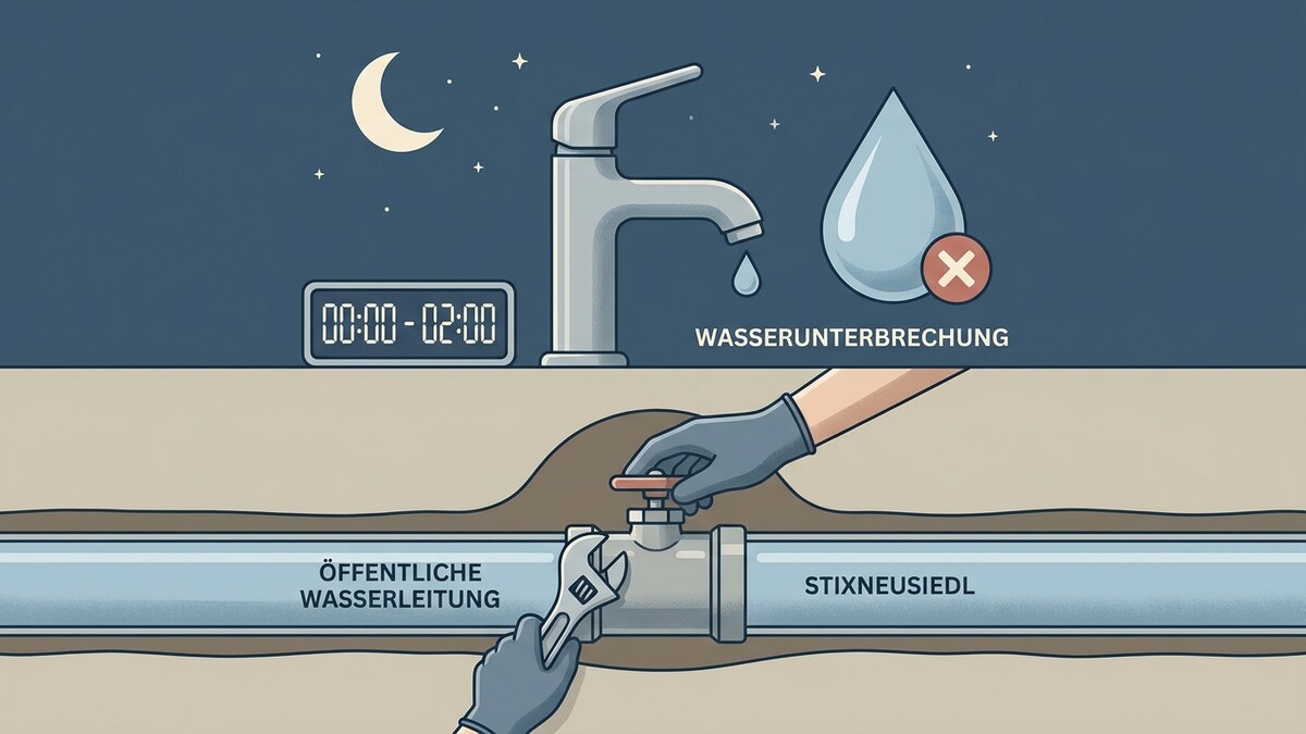 Wasserunterbrechung in Stixneusiedl: Wasserhahn tropft, Uhr zeigt 00:00-02:00, Arm schließt Ventil