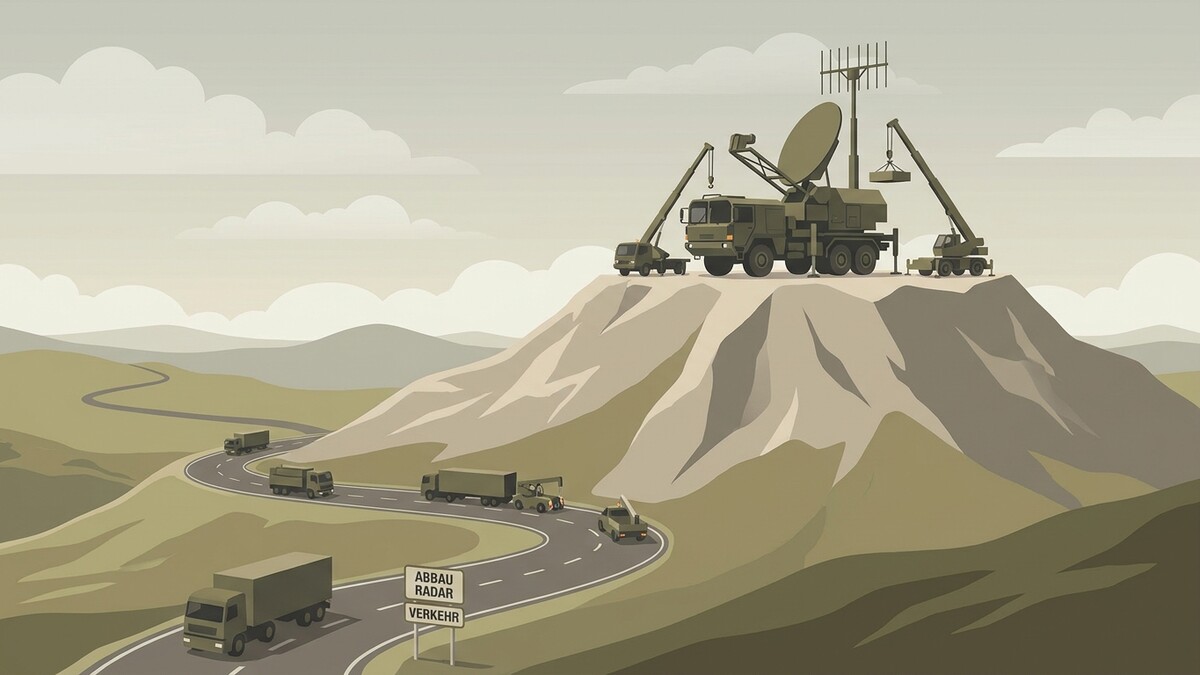Militärische Fahrzeuge beim Auf- und Abbau einer Radaranlage auf einem Berg, Verkehr auf kurvenreicher Straße
