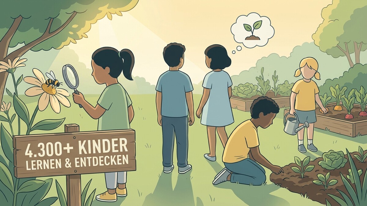 Kinder entdecken Bienen und Gärten, ein Schild verkündet „4.300+ Kinder lernen & entdecken“