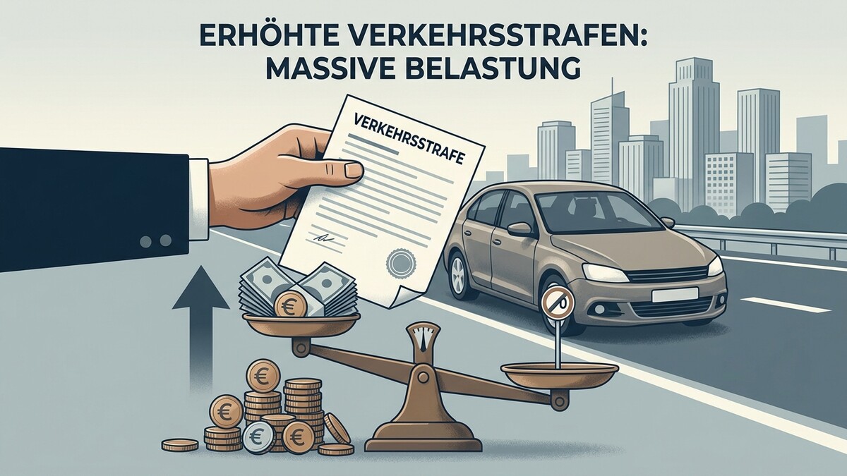 Verkehrsstrafen und Geld auf Waage mit Auto und Skyline von Wien