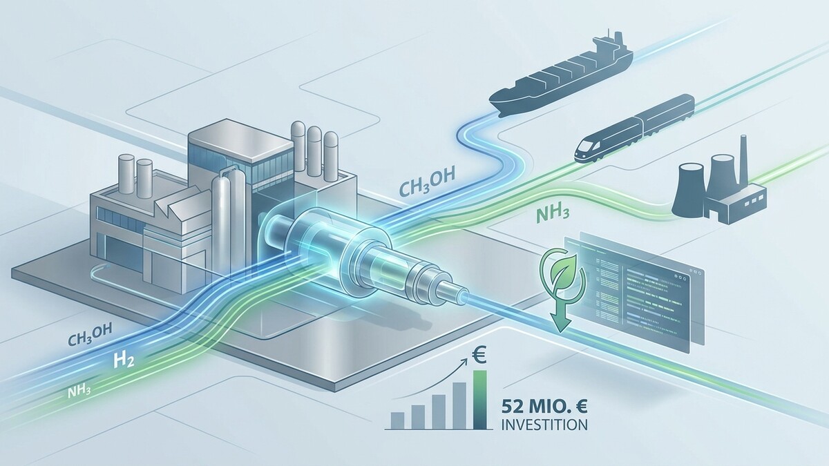 Industrieanlage mit Methanol, Wasserstoff und Ammoniak für Schiff, Zug und Fabrik mit 52 Mio. € Investition.