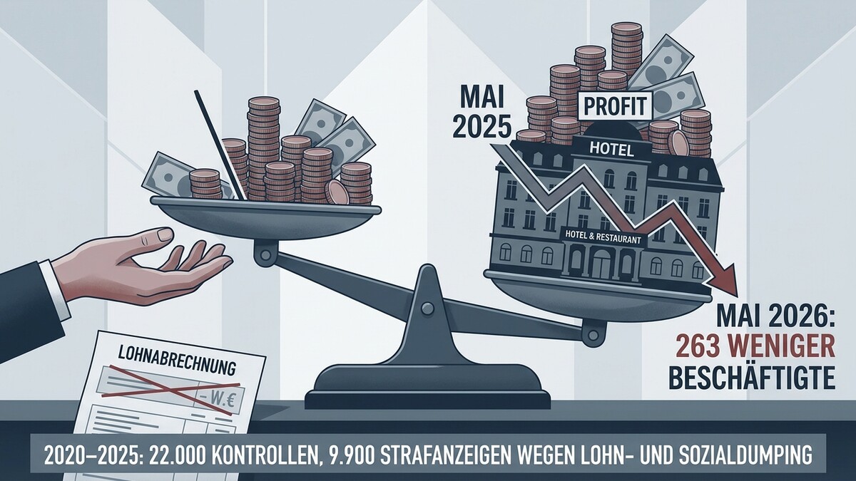 Lohnabrechnung und Hotel-Profit auf Waage, Mai 2026: 263 weniger Beschäftigte