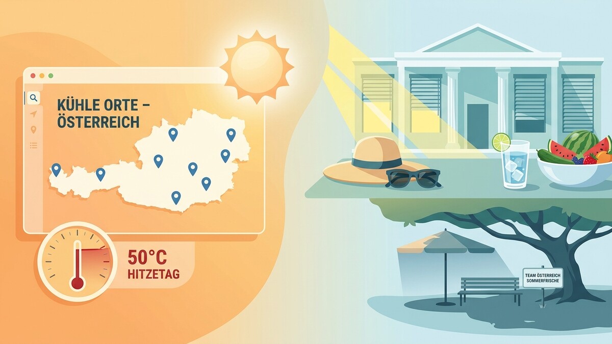 Österreichkarte mit kühlen Orten, Hitzetage-Thermometer und erfrischende Sommerfrische-Szene
