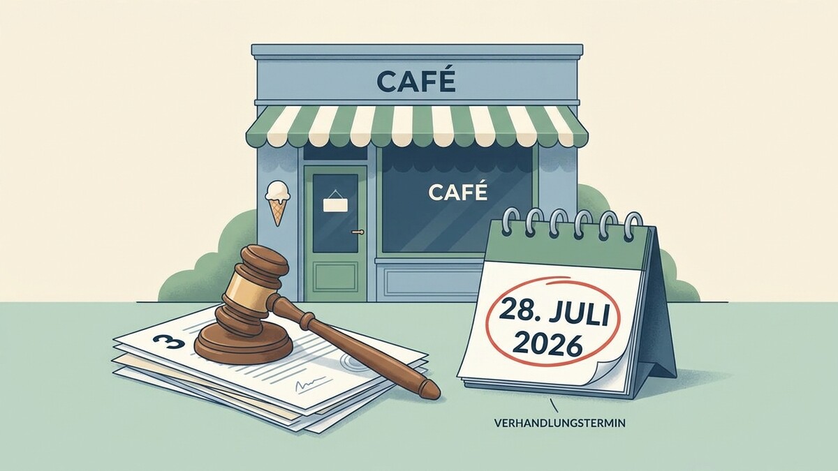 Verhandlungstermin 28. Juli 2026 vor einem Café mit Eis, Richterhammer und Dokumenten.
