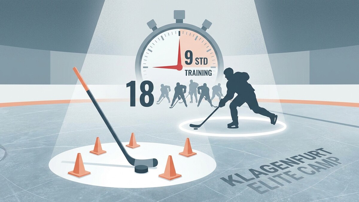 Eishockeytraining in Klagenfurt: 18 Spieler, 9 Stunden Training, Stoppuhr, Pucks und Hütchen
