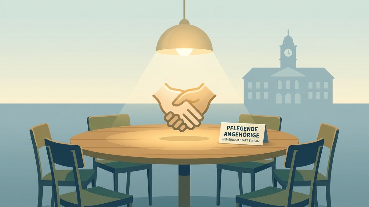 Pflegende Angehörige: Händeschütteln unter Lampe bei Besprechungstisch vor Gebäude