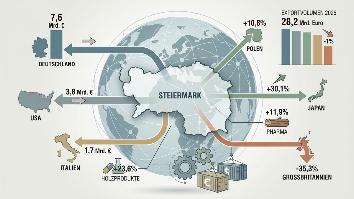 Steiermark Exportvolumen 2025: Deutschland 7,6 Mrd. €, USA 3,8 Mrd. €, Italien 1,7 Mrd. €