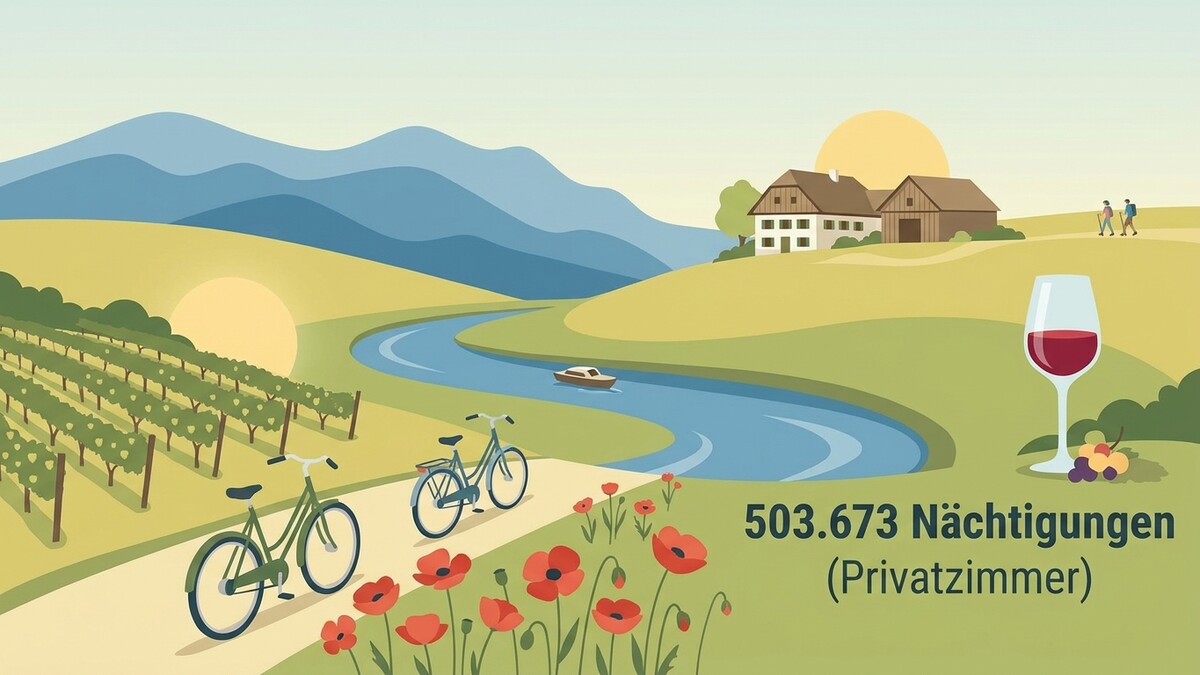 Österreichische Landschaft mit Weingarten, Fluss, Häusern und 503.673 Nächtigungen (Privatzimmer)