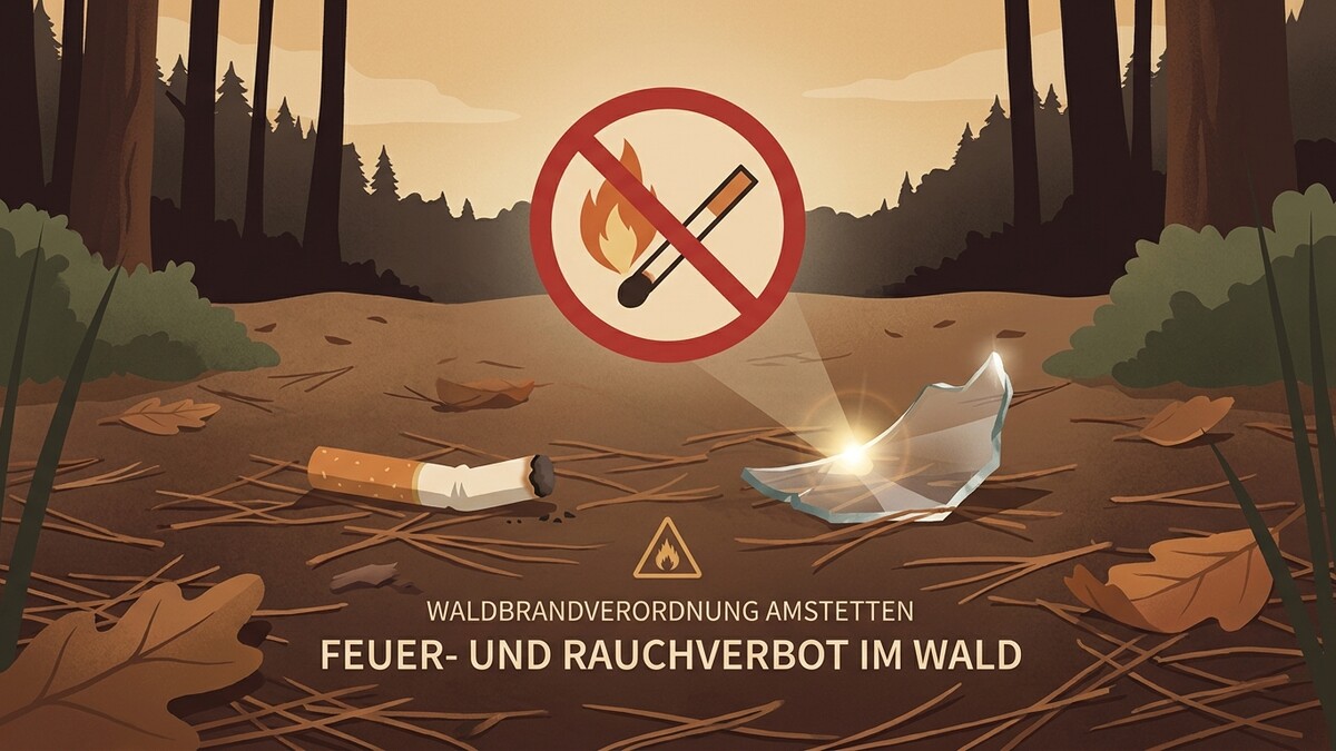 Waldbrandverordnung Amstetten: Feuer- und Rauchverbot im Wald, Zigarettenstummel und Scherbe